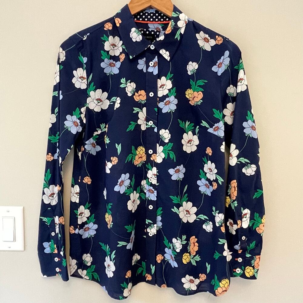 Talbots Women's Floral Collared Button Cotton Blouse Sz Small Semi-Sheer